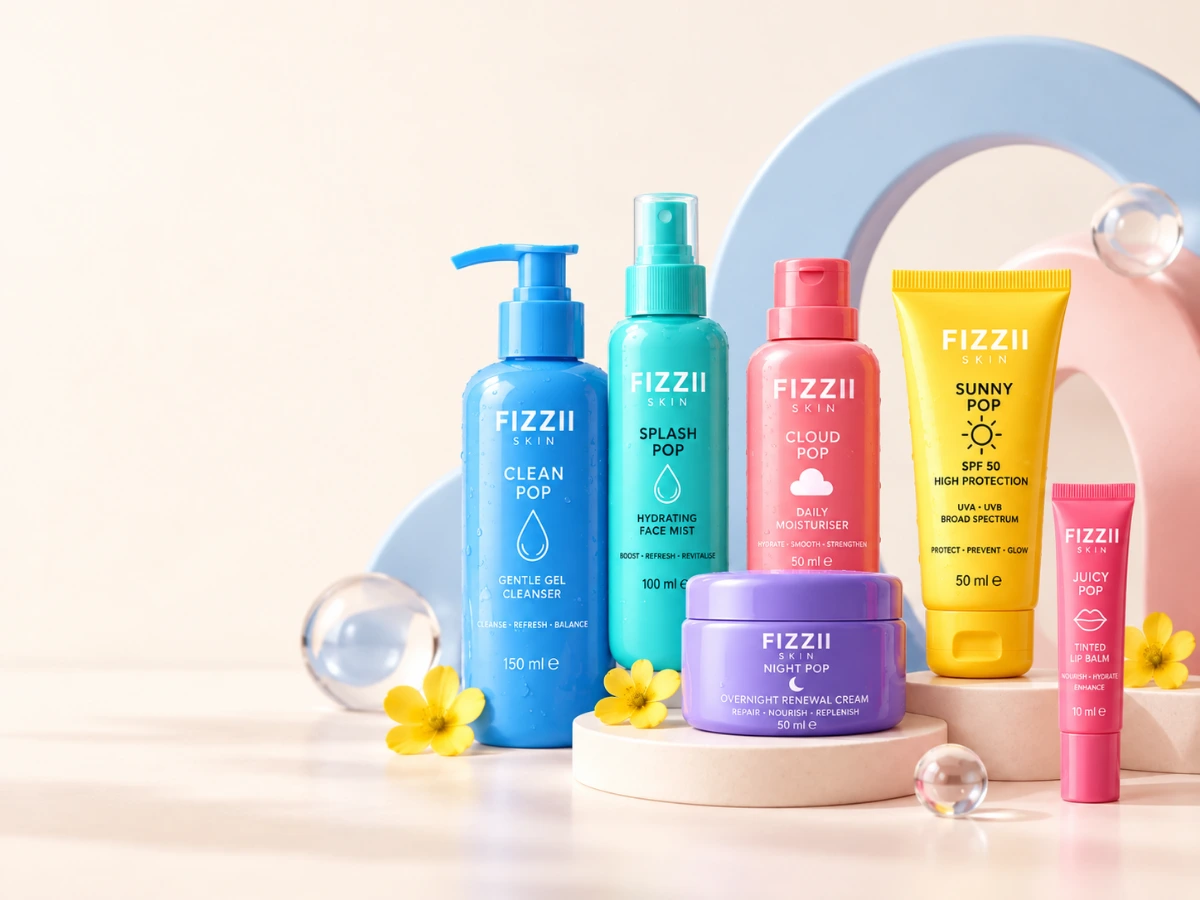 The six Fizzii Skin products styled together: Clean Pop, Splash Pop, Cloud Pop, Night Pop, Sunny Pop and Juicy Pop